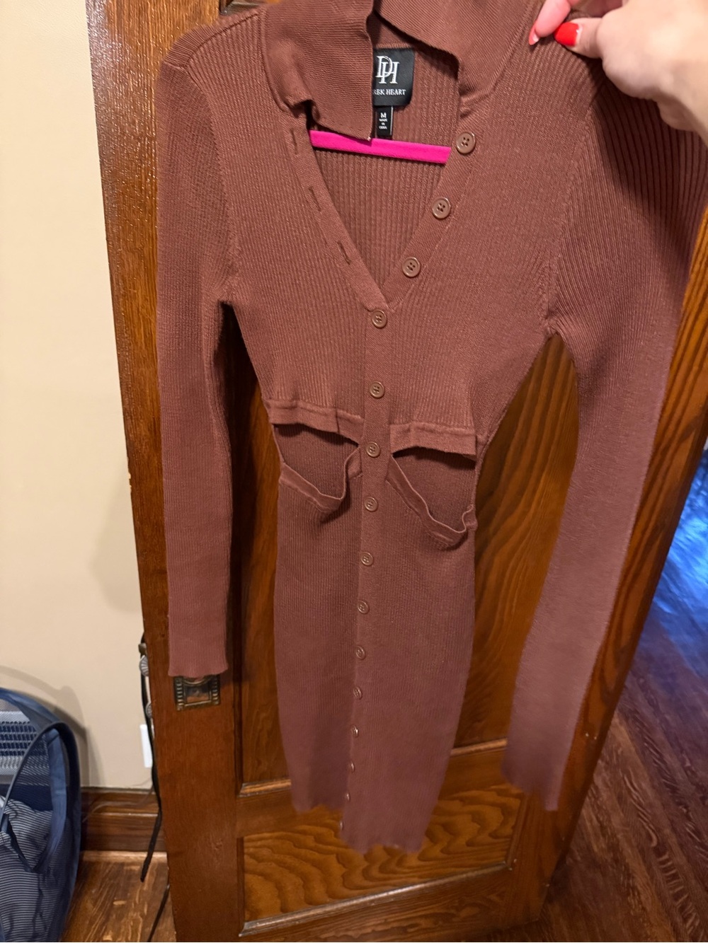 Derek Heart Brown Ribbed Button-Front Long Sleeve Dress